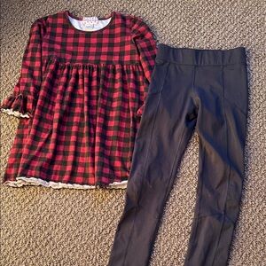 Ruffle girl, buffalo plaid dress and H&M black leggings size 10